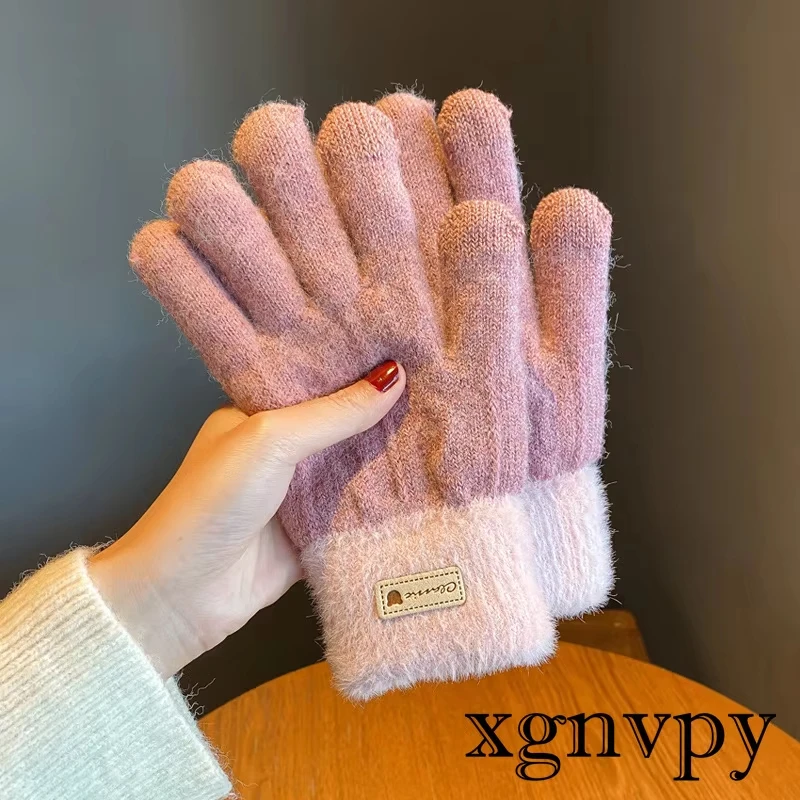 Korean knitted wool gloves women's winter plus fleece thickened cycling warm touch screen double color matching gloves