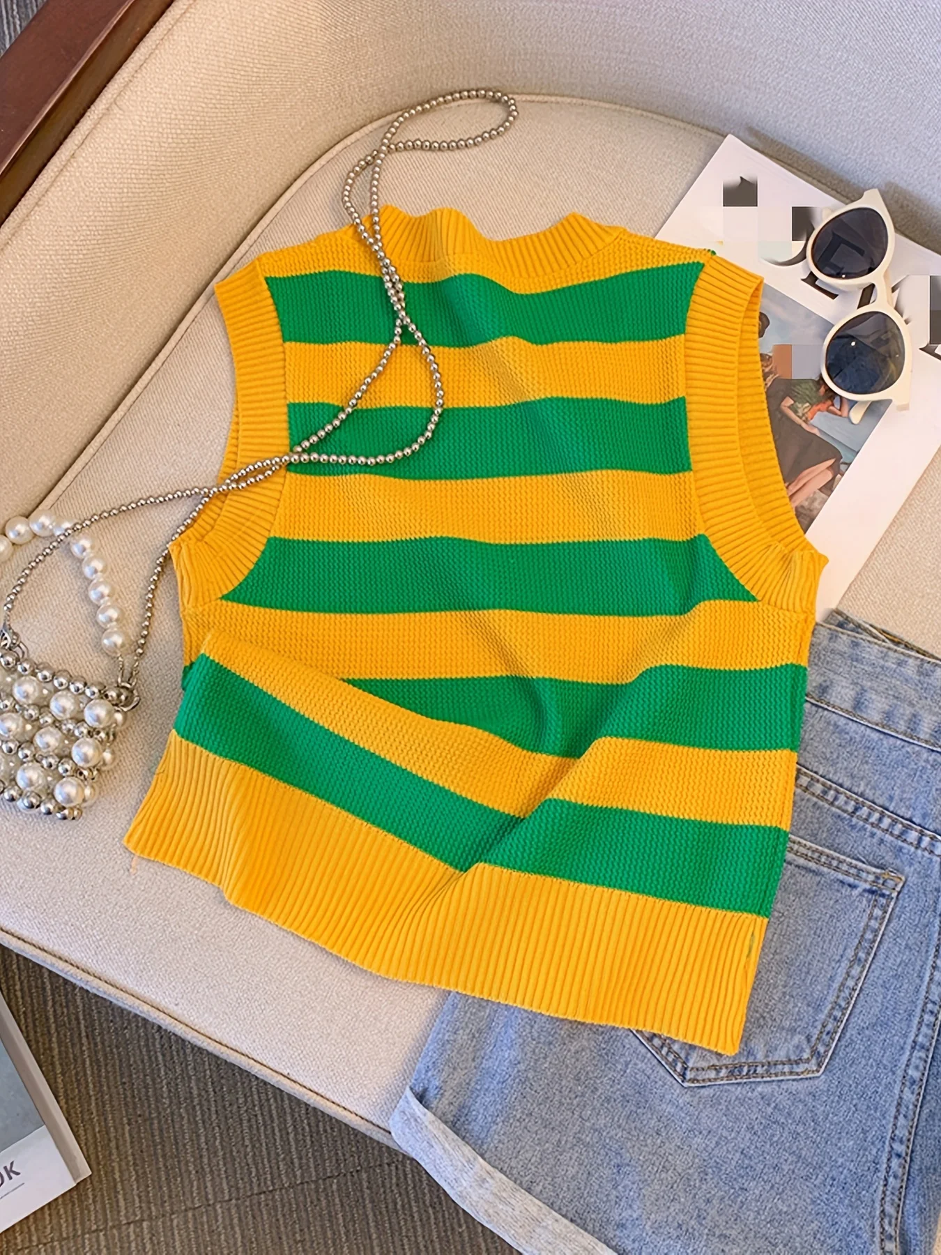 Pull imprimé rayé à col en V pour femme, haut en fibre élastique, documents night, glakn, printemps, été, 2024