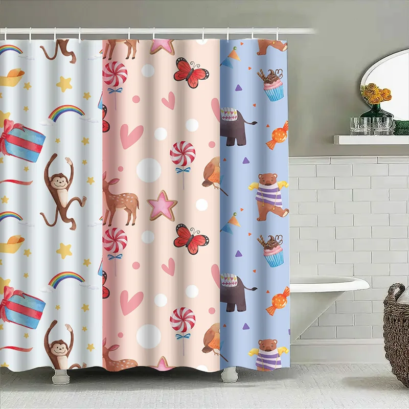

Colorful Cartoon Animal Shower Curtain Monkey Deer & Butterfly Pattern for Kids’ Bathroom Fun & Playful Design Waterproof Fabric