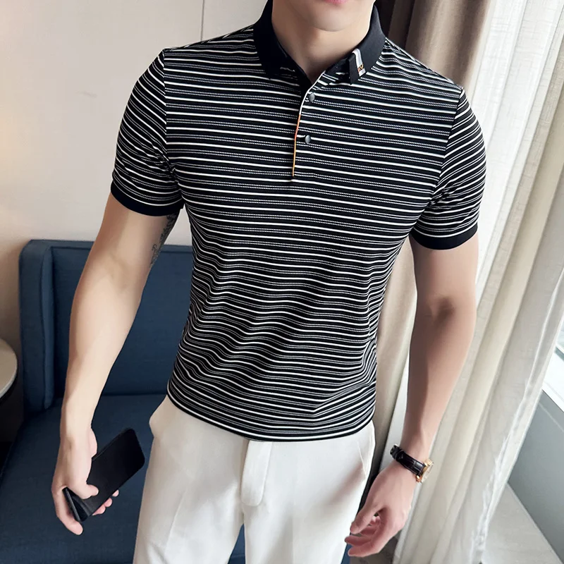 

2024 Summer Striped Polo Shirts Men High-quality Short Sleeve Slim Lapel T-shirts Fashion Casual Business Tee Tops Men Clothing