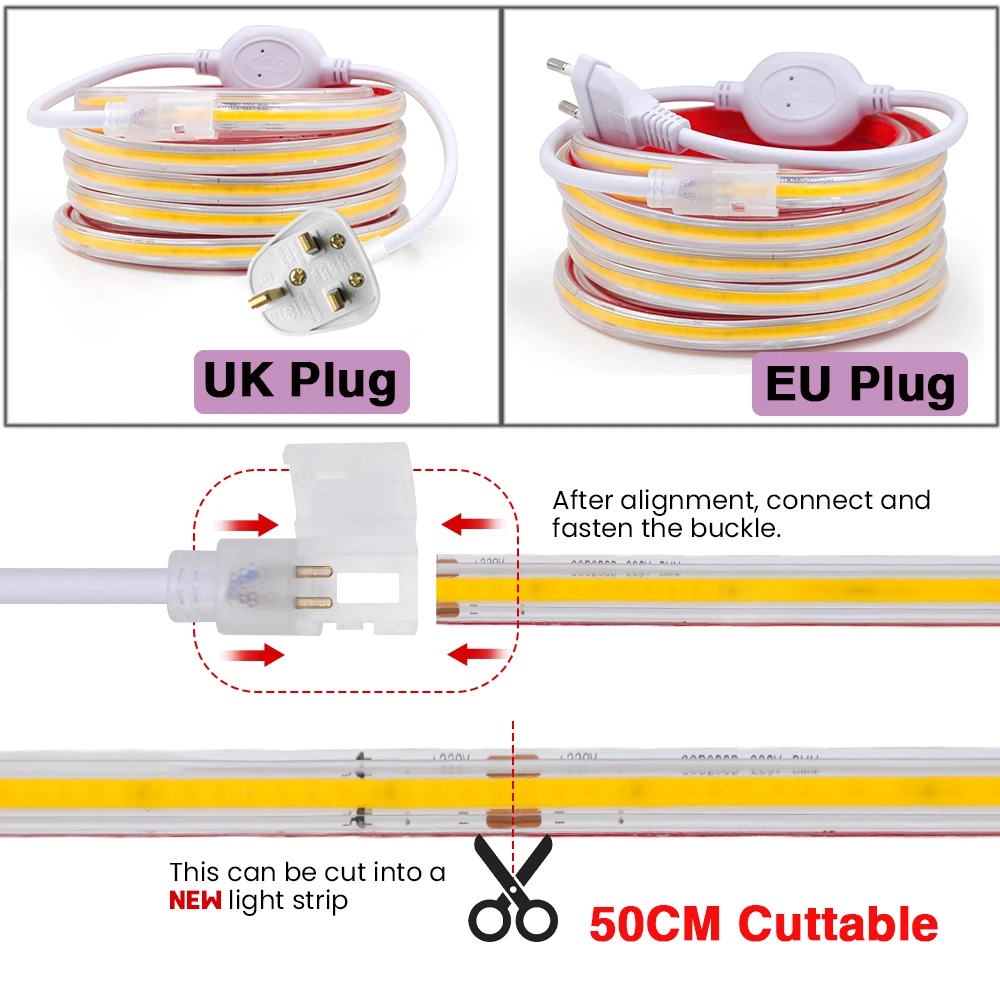 220V COB Streifen Wasserdicht EU UK Stecker 50CM Cut 288Leds/M RA85 3000K 4000K 6000K Hause Garten Dekor Flexible Band Seil LED Licht