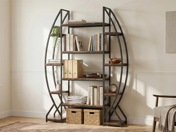 Bookcase Oval Bookshelf Industrial Vintage Metal Wood Bookcase for Displaying Collectibles Books Photo Frames Decorative Items
