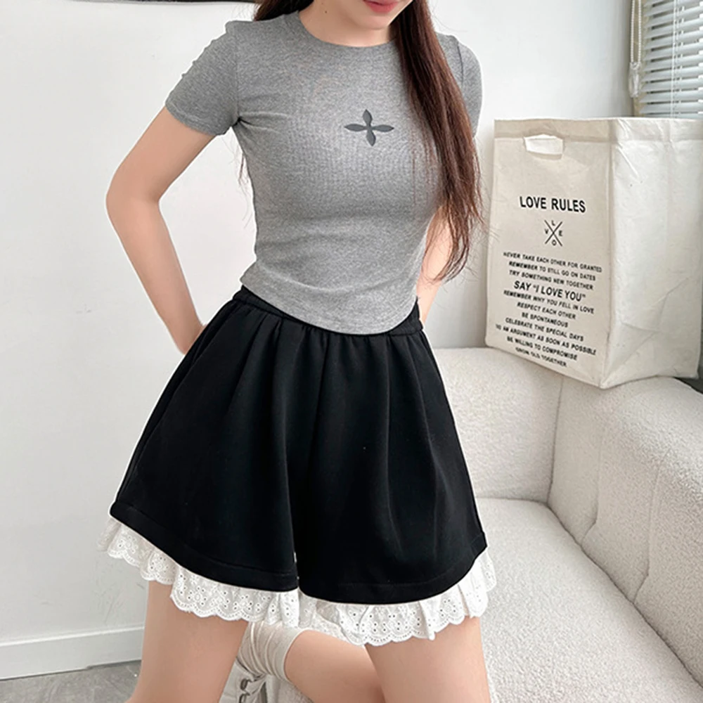 

Легкие свободные шорты с высокой талией для женщин, с кружевной отделкой, однотонные, для повседневных выходов на все сезоны