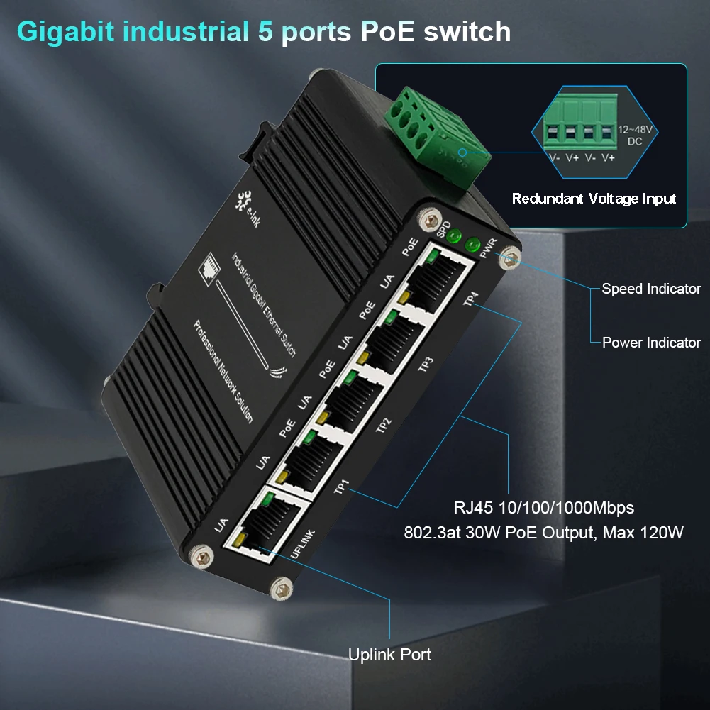 عرض خاص محول إيثرنت صغير صناعي 4-Port 10/100/1000BASE-T 802.3at PoE + 1-Port 10/100/1000T