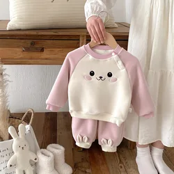 Autumn Winter Baby Girls 2PCS Clothes Set Cartoon Patchwork Sleeve Fleece Pullovers Loose Pants Suit Toddler Girls Tracksuit