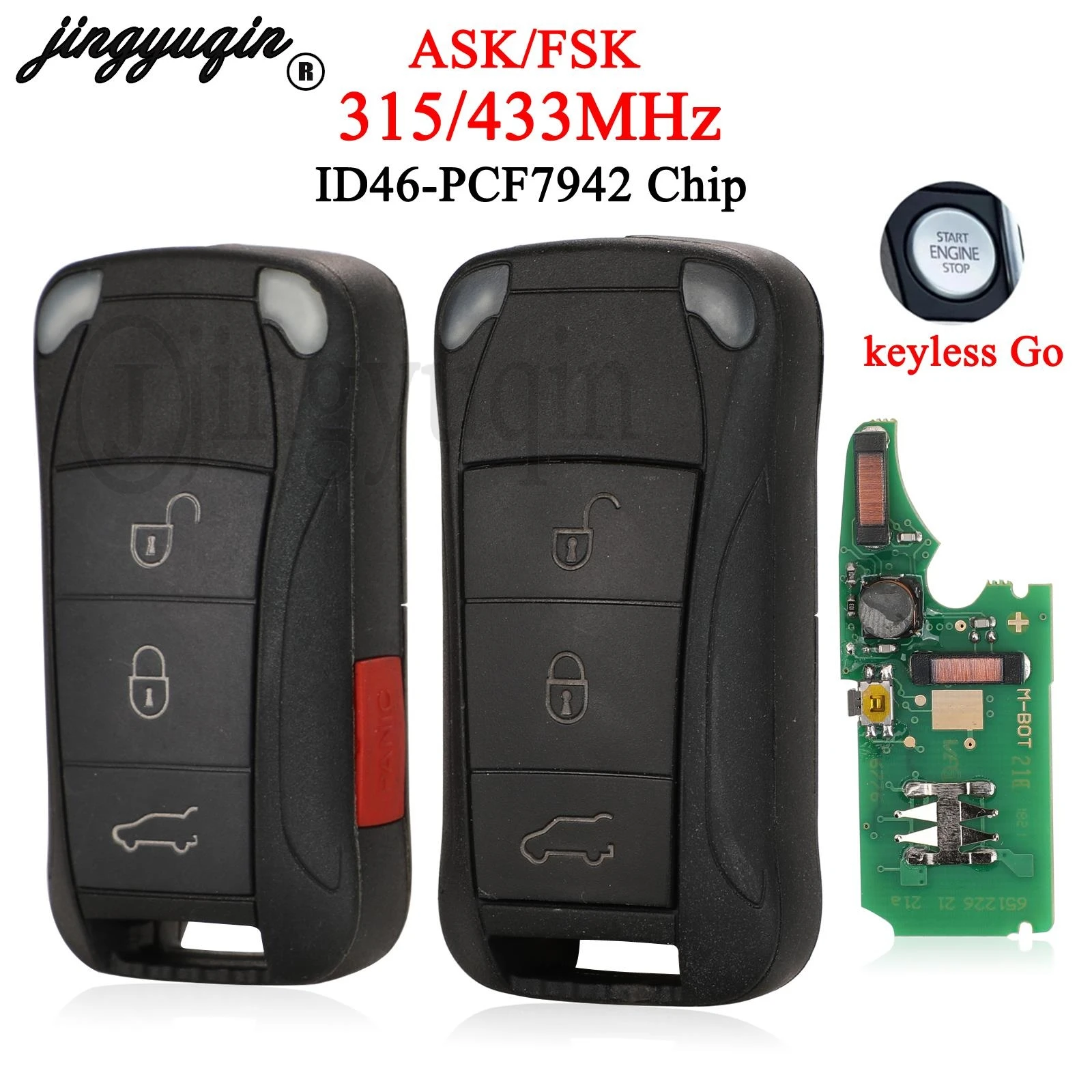 

jingyuqin Keyless Go 315/433MHz Flip Smart Remote Car Key ID46 PCF7942 Chip For Porsche Cayenne Fob 3/4 Buttons Uncut Blade