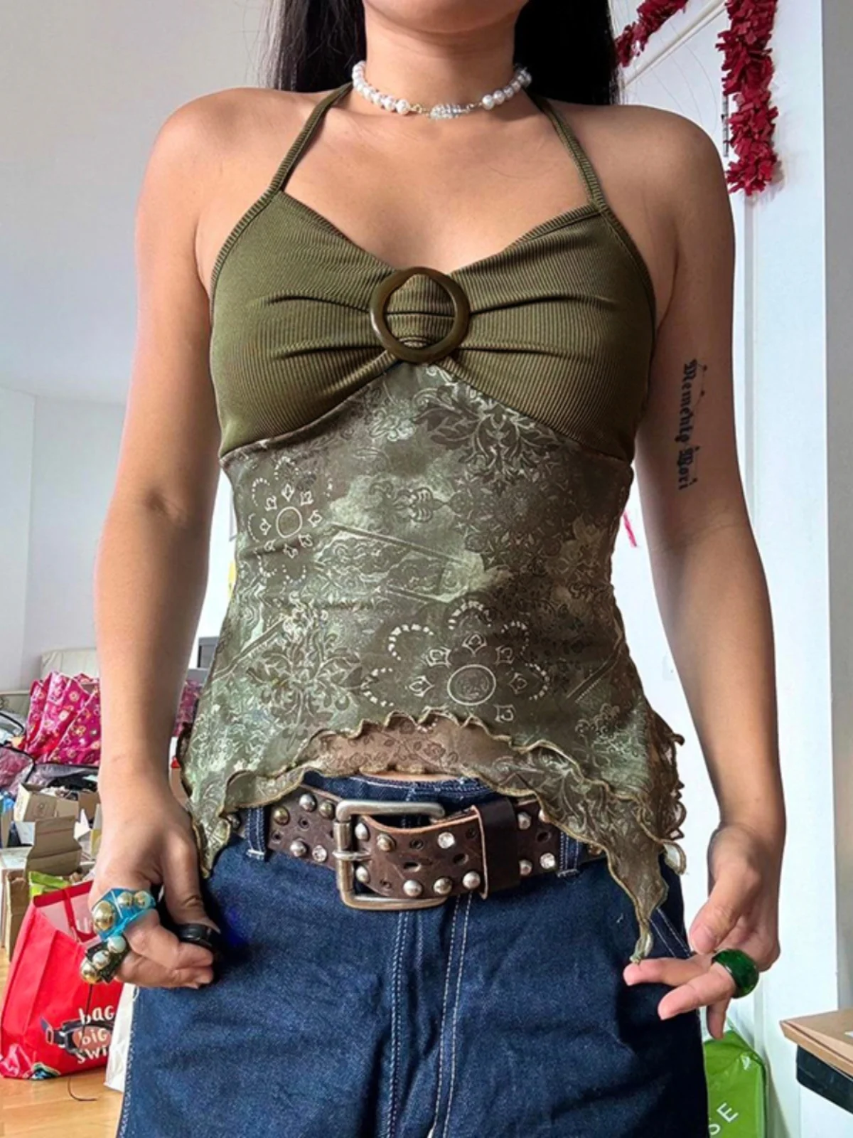 

ROMORE винтажный женский подвесной ремень Ne с нерегулярным подолом, универсальный топ с лесовой системой, облегающий крой из смеси полиэстера и спандекса