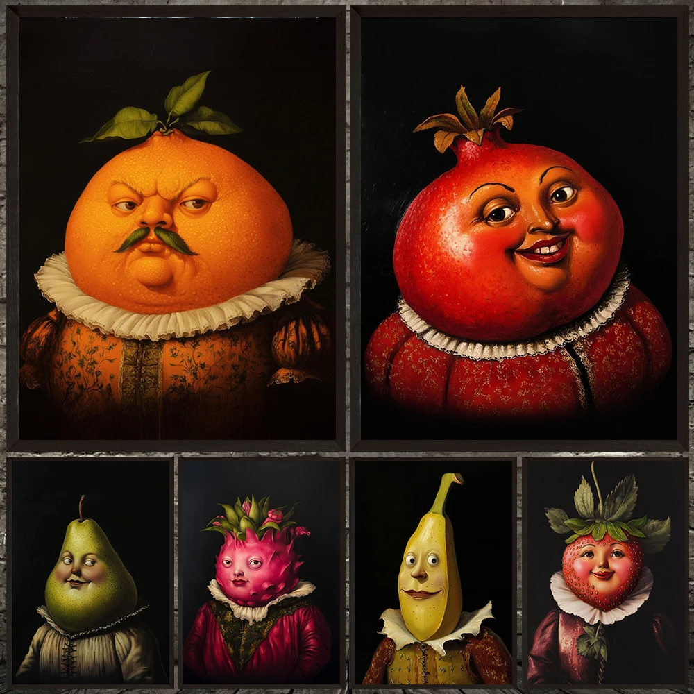 Renaissance Food Portrait Surreal Vintage Wall Art Canvas Painting,Quirky Weird Funny Kitchen Decoration Poster Print Unframed