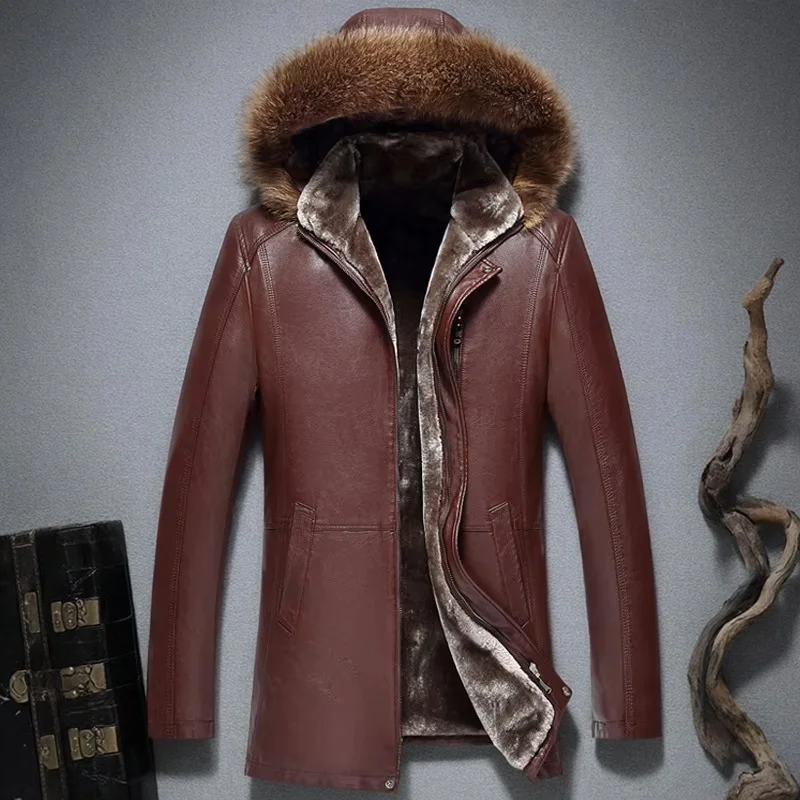 Men's Genuine Leather Jacket Winter Hooded Raccoon Fur Collar Medium Long Jacket Men Fur Leather Coat Man Sheepskin Men Overcoat