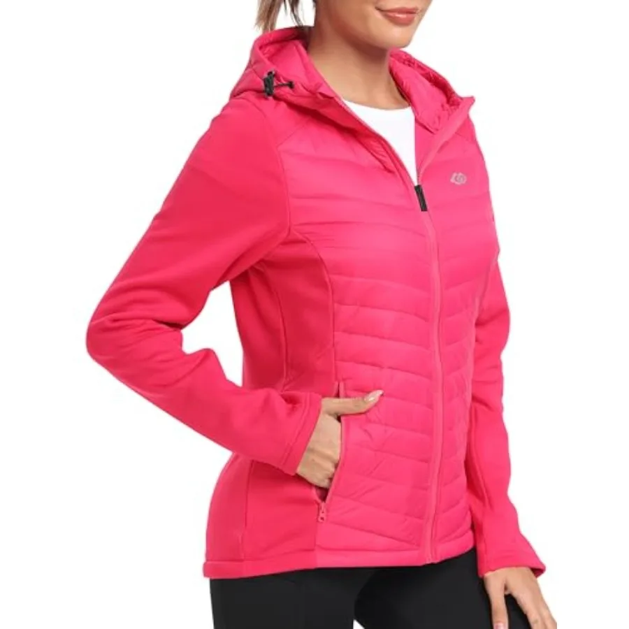 

Womens Fleece Lined Softshell Jacket Hooded Lightweight Insulated Puffer Hybrid Down Jacket Full Zip Running Coat