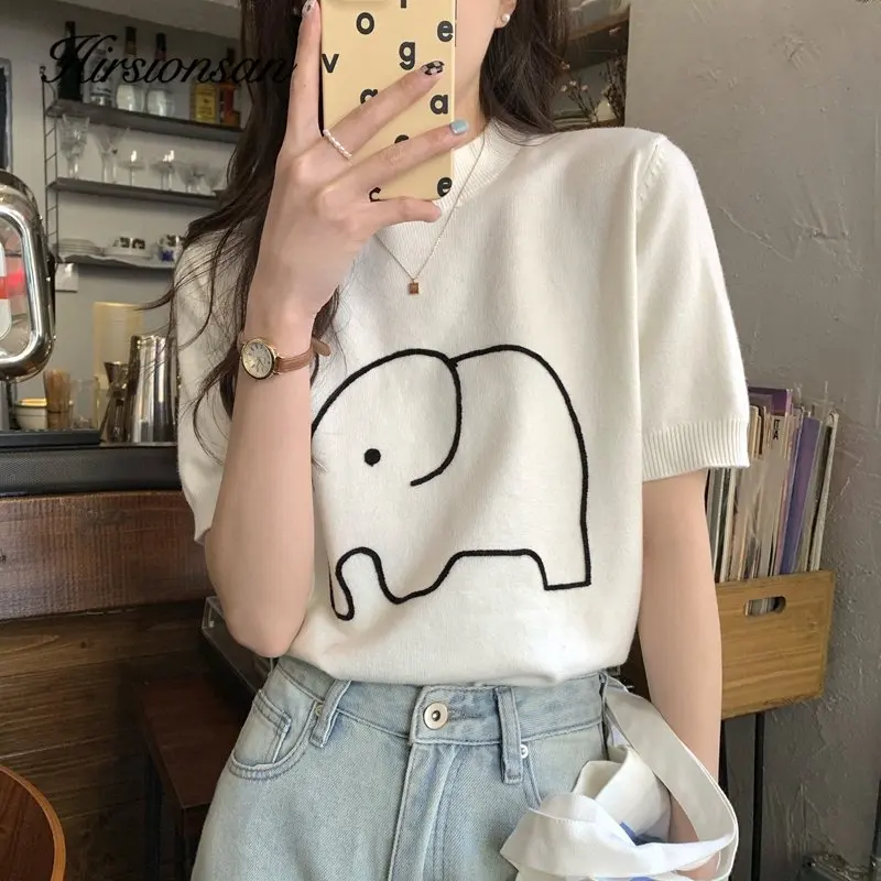 

Hirsionsan Elephant Embroidery Knitted T Shirt Women Loose O Neck Korean Short Sleeve Pullovers Female Casual Kawaii Jumper 2023