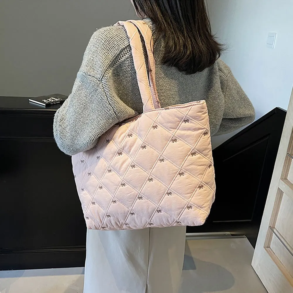 Large Capacity Lightweight Commuting Tote Bag, Autumn Winter Fashion Quilting Shoulder Bag,  Bow Embroidery Decorative Handbag view 6