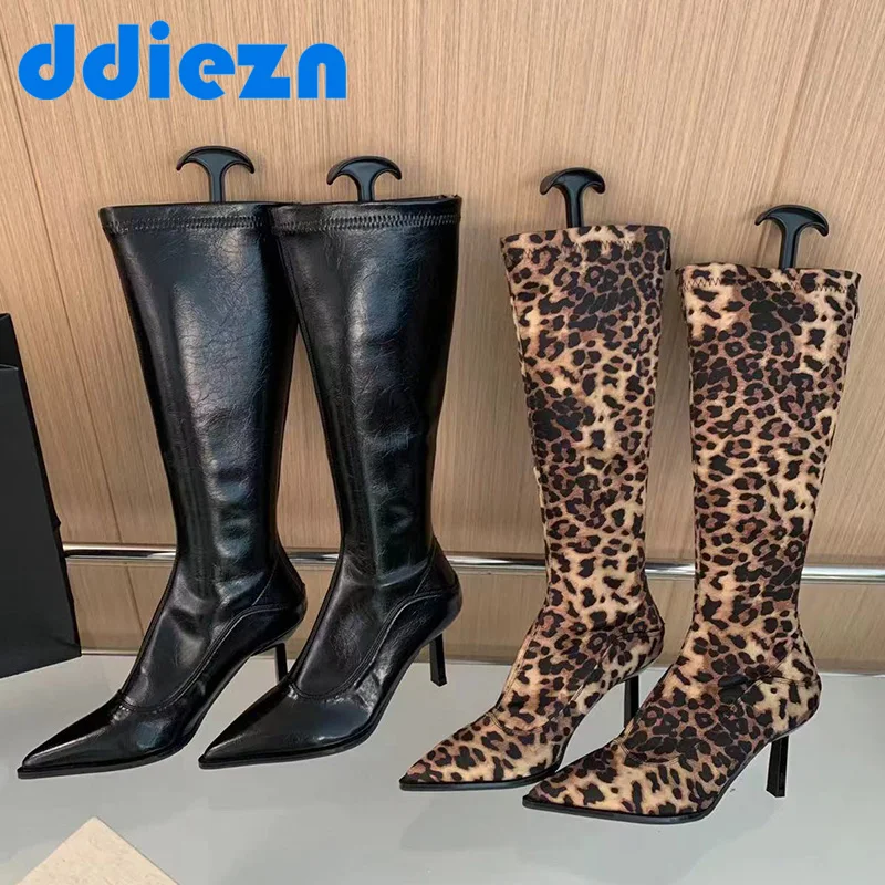 2024 Leopard Women High Boots Western Female Shoes For Women Thin Heels Zipper Autumn New Ladies Knee-High Knight Modern Boots