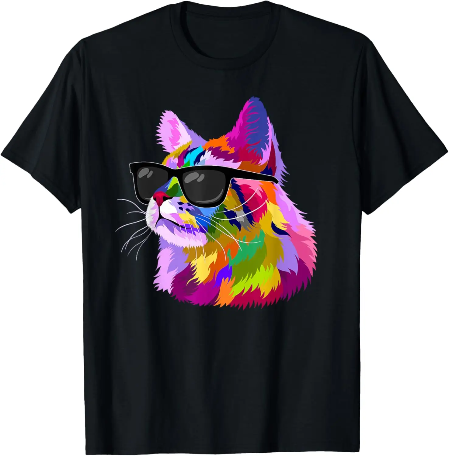 

Cool Pop Art Rainbow Cat Wearing Sunglasses Graphic Tee Funny Pet Lover Gift T-Shirt