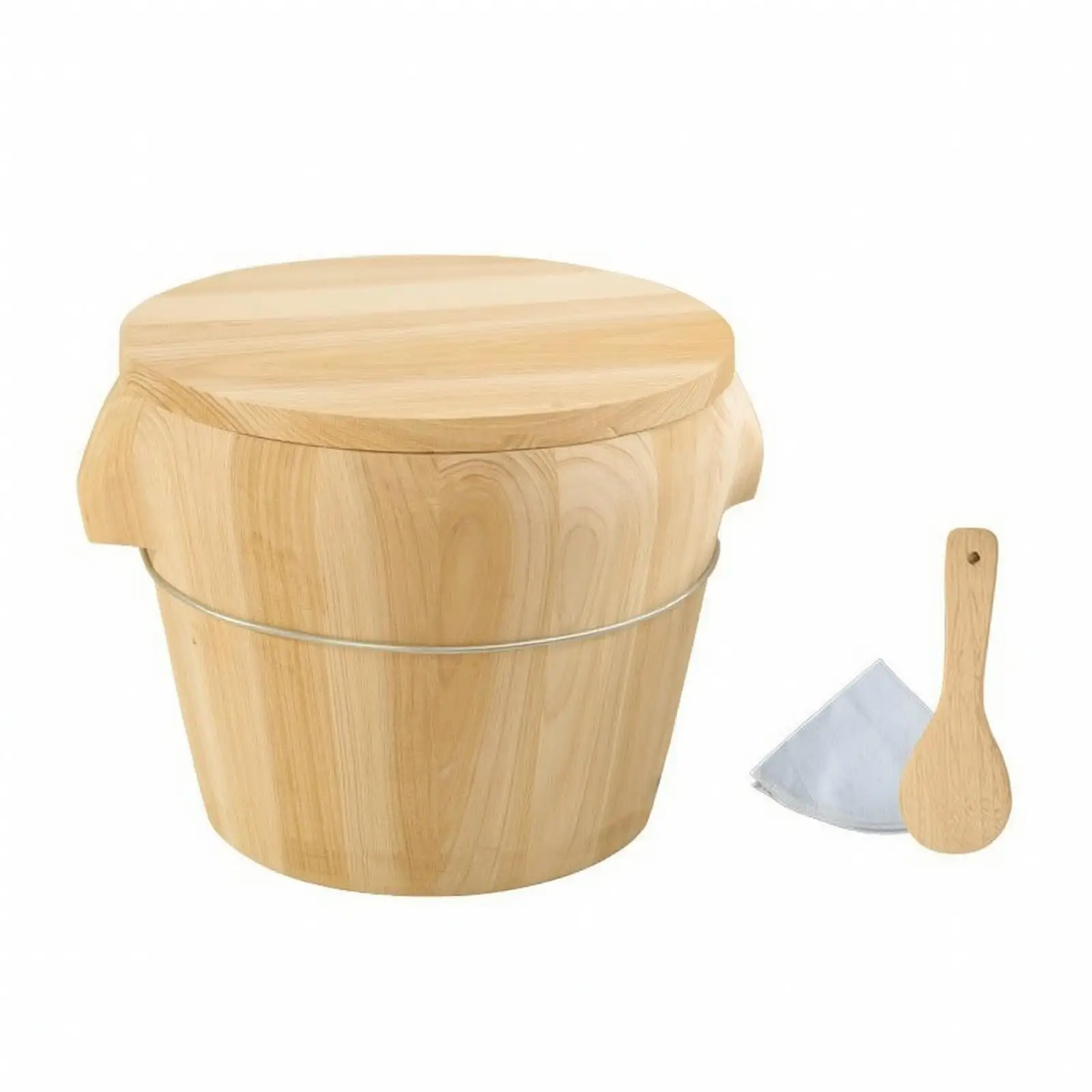 Steamer Pot for Cooking Rice Wooden Bucket with Lid Fir Wood Material Round Tapered Design with Side Handles for Household