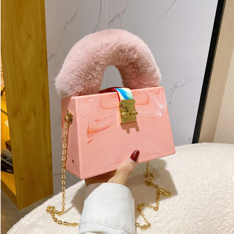 

2025 Luxury Faux Fur Handle Tote Designer Acrylic Box Handbags Ladies Chain Fall Winter Purses And Handbags Women Evening Clutch