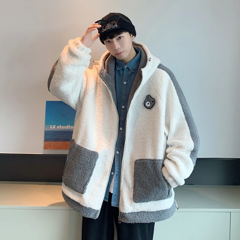 

Lamb Fur Hooded Jaet for Men Loose Fit Faionable Korean Sle Winter Coat with kets Urban Sle Long Sve Zipper Dec...