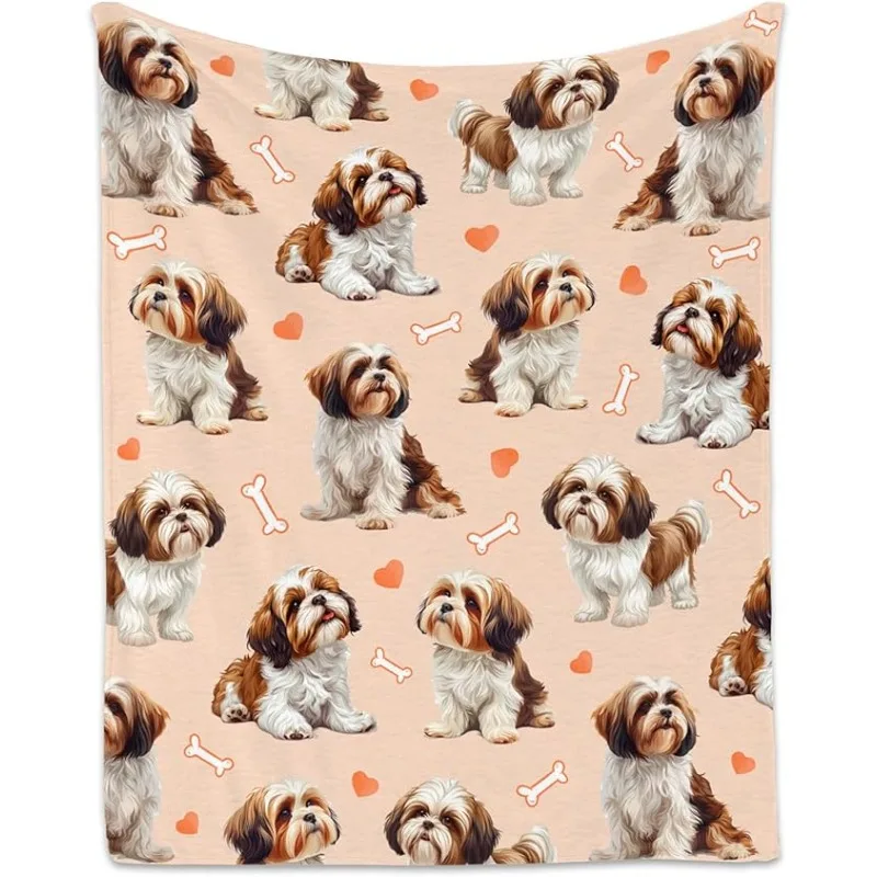 [Vintage Shih Tzu Dog Print Blanket] Soft Plush Inch Vintage Shih Tzu Dog Print Flannel Throw Blanket - Machine Washable,