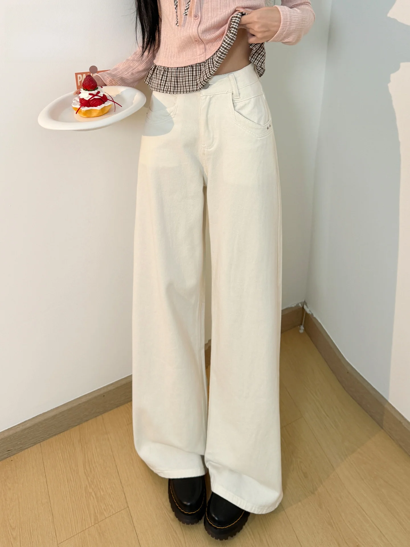 

Женские джинсы с высокой талией, прямые широкие штанины, свободные, удлиненные, бежевые, повседневные, из хлопкового денима