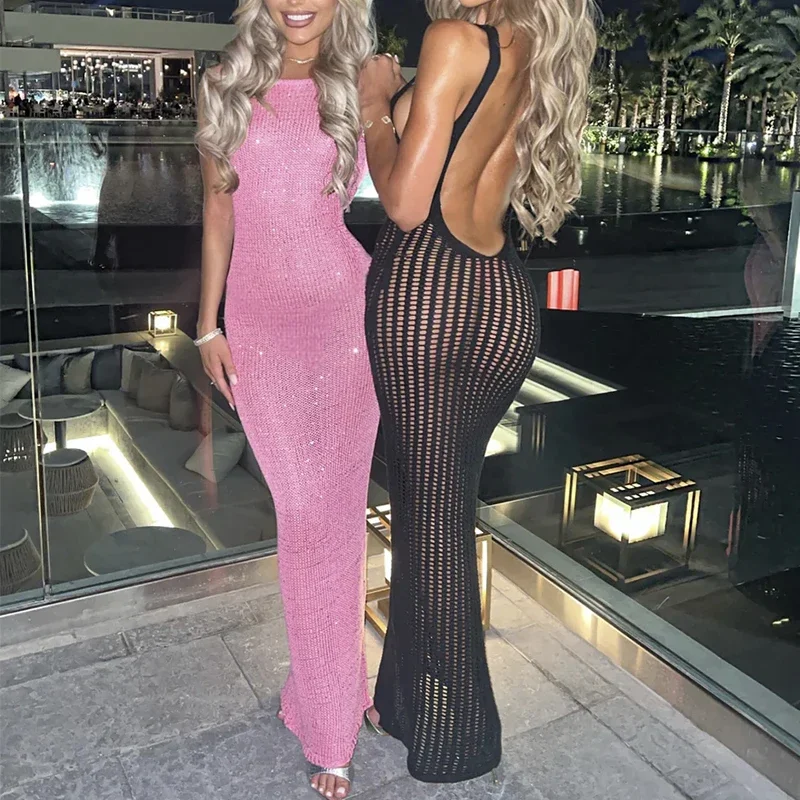 BWQ New Style Knitted Backless Slip Dress Sexy Hollow Out Beachwear Cover Up Women's Summer Beach Vacation Sunscreen Long Dress