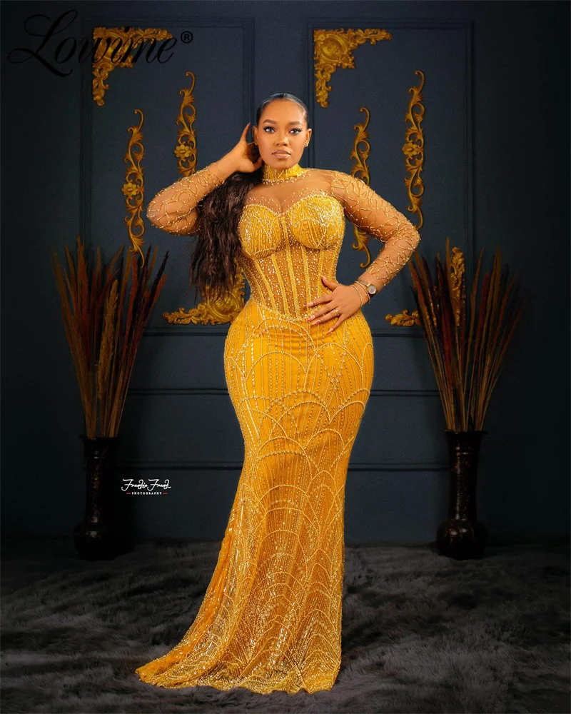 2024 Gold Mermaid Prom Dresses Heavy Beaded Long Sleeves Women Evening Gowns African Black Girl Celebrity Party Dress Customized