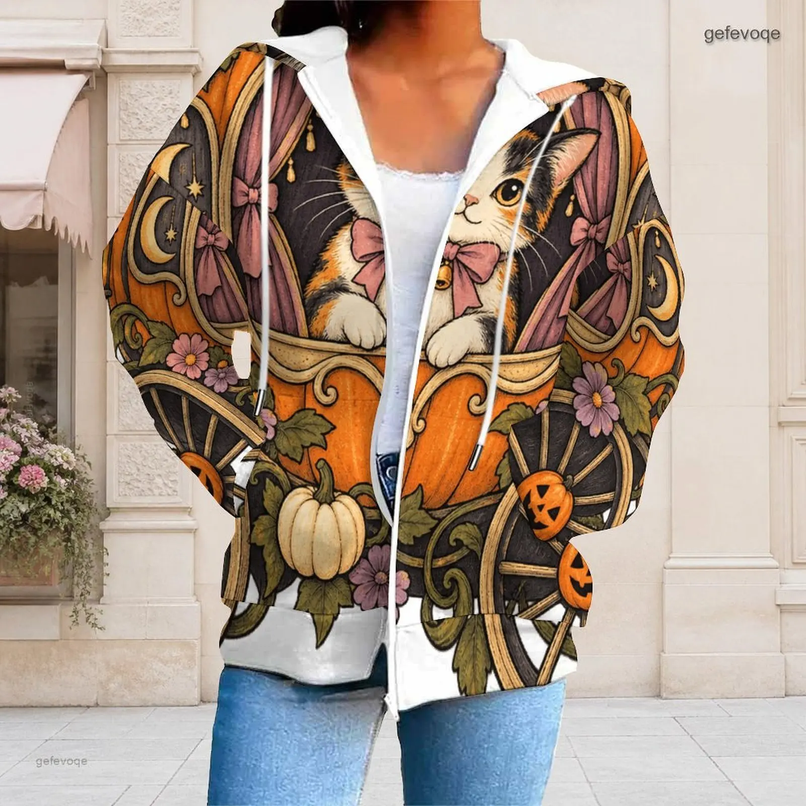 Women Long Sleeve Zip Up Hoodie with Printed Smiling Moon, Pumpkin, Bat and Floral Patterns
