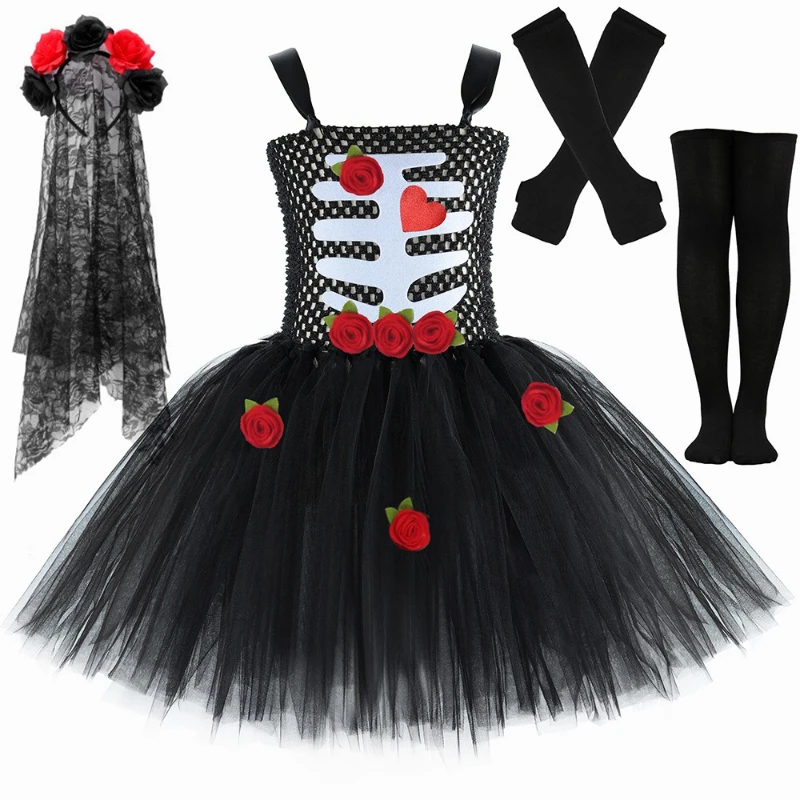 Halloween Zombie Bride Sweet & Cool Costume Tutu Dress for Girls Children's Day of The Dead Carnival Party Role-Playing Outfit