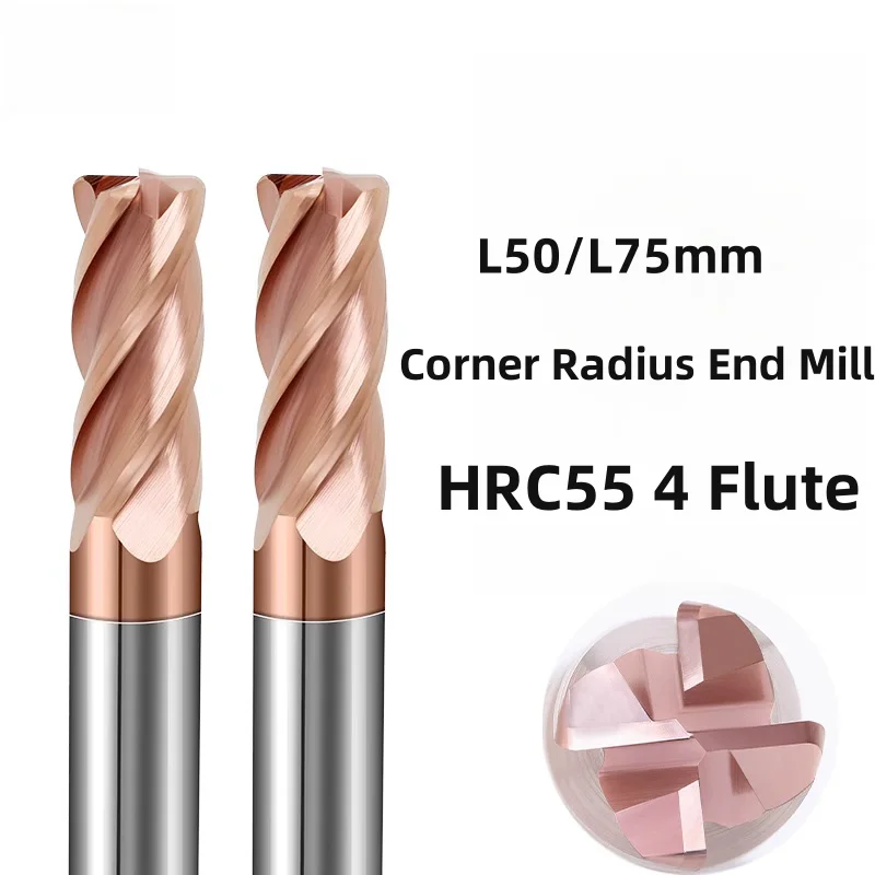 50 75mm HRC55 4 Flute Corner Radius End Mill Solid Carbide Round Nose Milling Cutter R bullnose CNC Cutting Tools R0.2 0.5 1 2 3