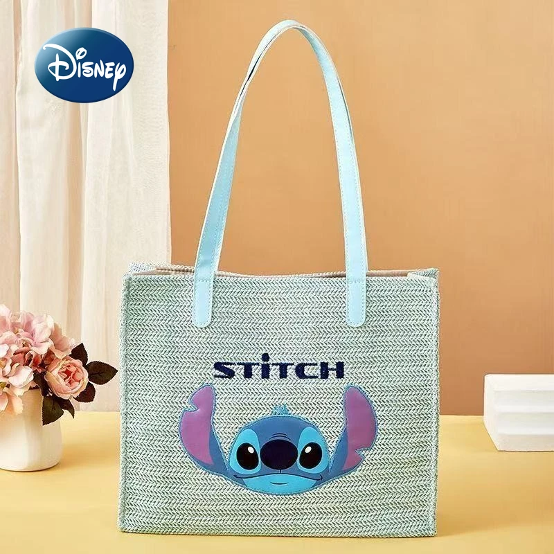 

Disney New Straw Woven Women's Handbag Large Capacity Woven Women's Shoulder Bag Cartoon Fashion Casual Tote Bag High Quality