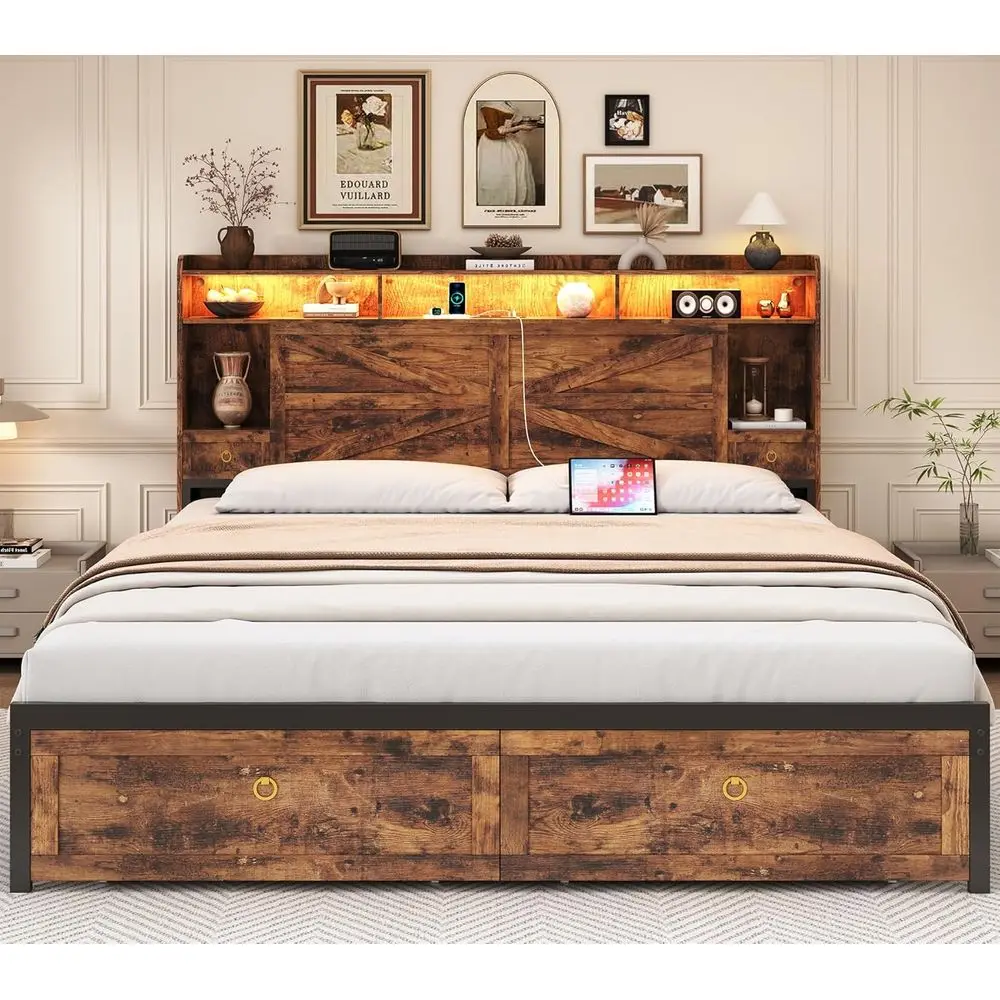Rustic Brown King Size Farmhouse Bed Frame with Storage Headboard, 4 Drawers, Charging Station, LED Lights, Metal Slat Support,
