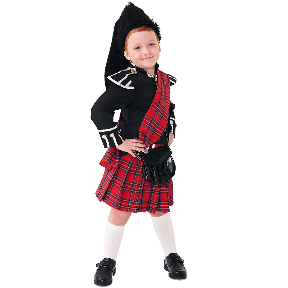 Red Grid Boy British Soldiers Cosplay Kids Children Halloween Scottish Guard of Honor Costumes Carnival Purim Show Party Dress