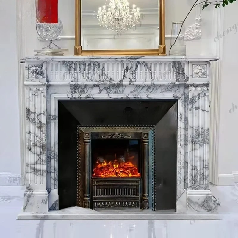Large white stone fireplace living room decorative cabinet marble fireplace custom
