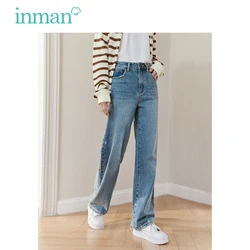 INMAN-Calças femininas elásticas finas de cintura alta, calças jeans bordadas vintage, bainha dividida, calças versáteis, outono, 2023