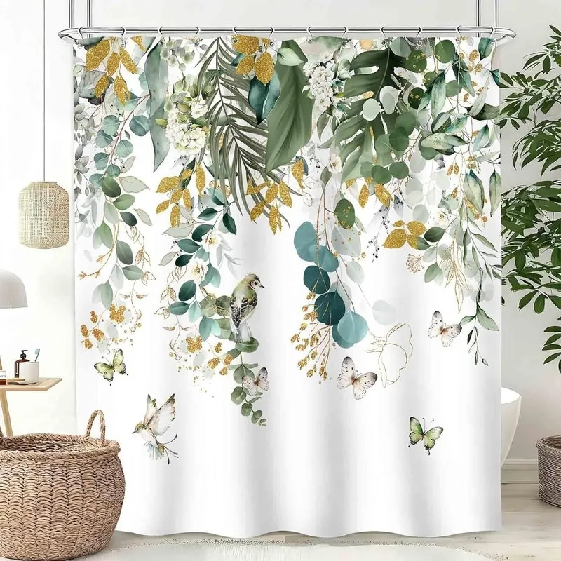 Watercolor Green Gold Plant Flower Bird Butterfly Print Shower Curtain No Drilling Bathroom Decor Set with 12 Hooks