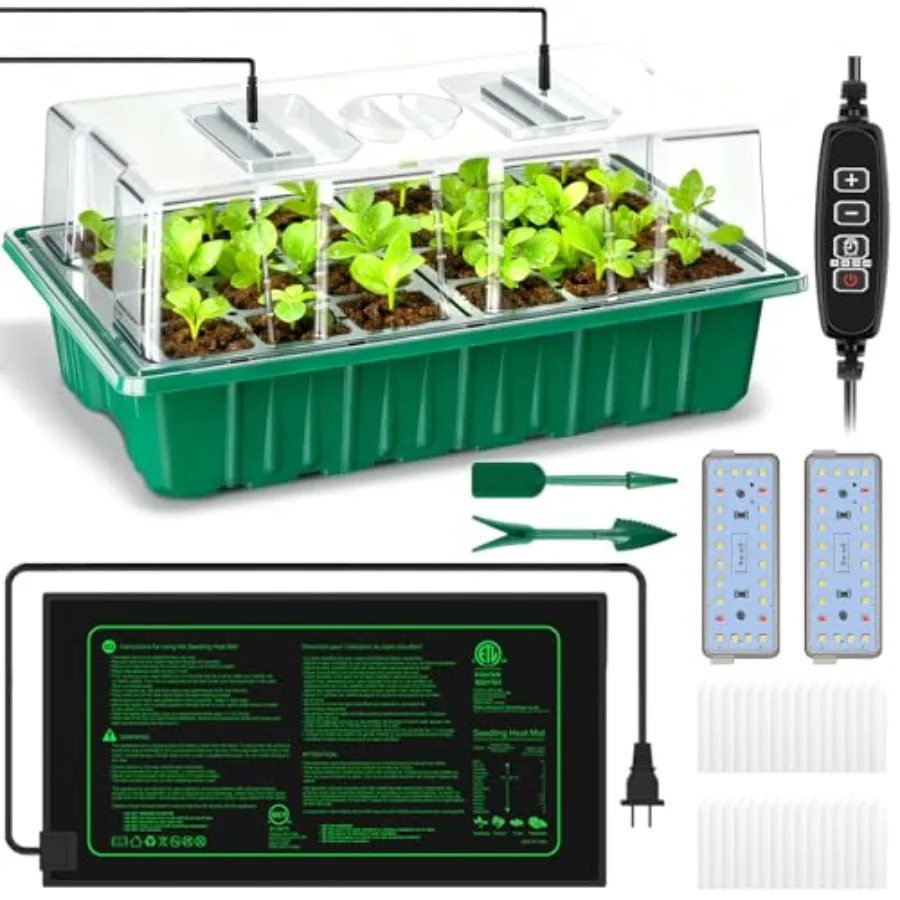 

2026 Seed Starter Trays with Grow Lights and Heat Mat 36 Extra Large Cells Plant Starting Kit 4 Timing Set Humidity Domes Heigh