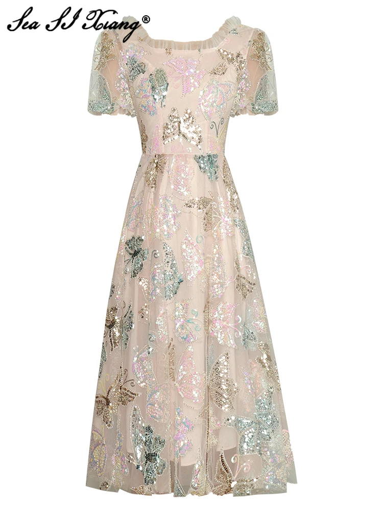 

Seasixiang Fashion Designer Summer Women Mesh Dress Square Collar Puff Sleeve Sequins Butterfly Gorgeous Vintage Midi Dresses