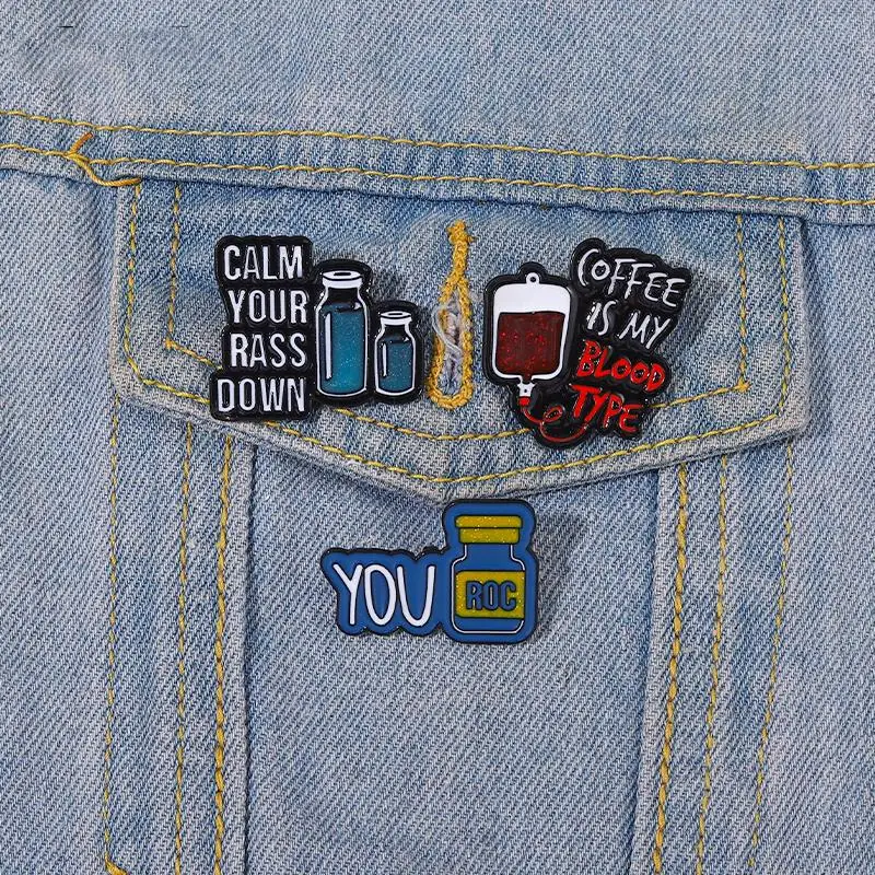 

Coffee is My Blood Type Enamel Pins Custom Brooches Calm Down You ROC Lapel Badges Punk Funny Jewelry Gift for Kids Friends