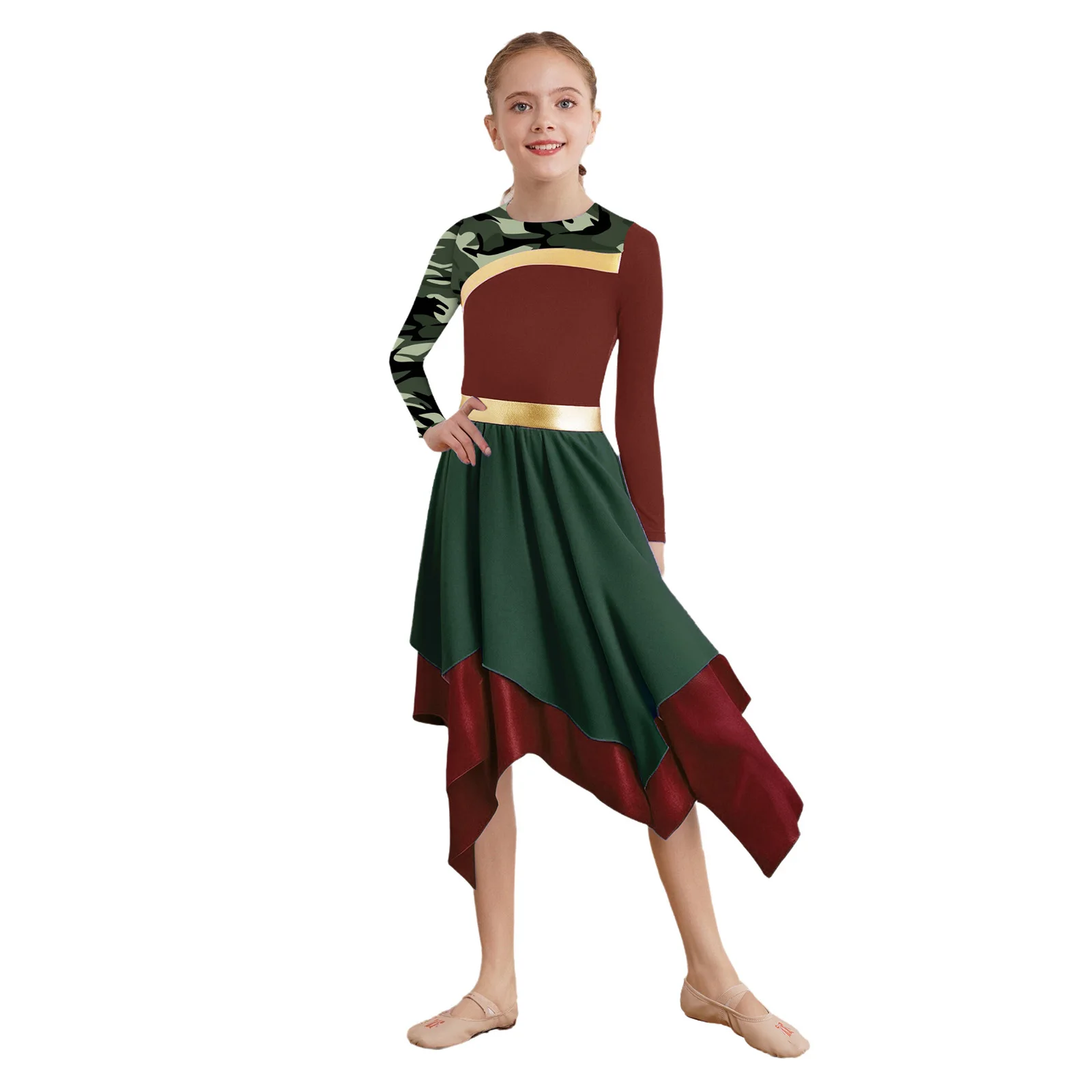 

Kids Girls Contemporary Lyrical Modern Dance Dress Long Sleeve Printed Color Block Irregular Hem Worship Robe Dress Praise Dress