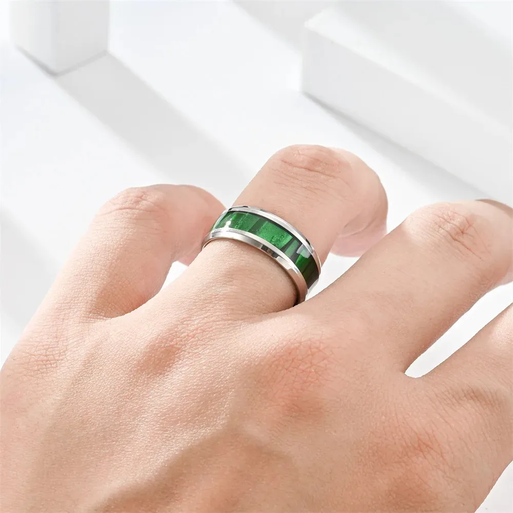 Fashion 8mm Titanium Stainless Steel Rings for Men Women High Polished Inlay Green Shell Men Promise Rings Wedding Party Jewelry