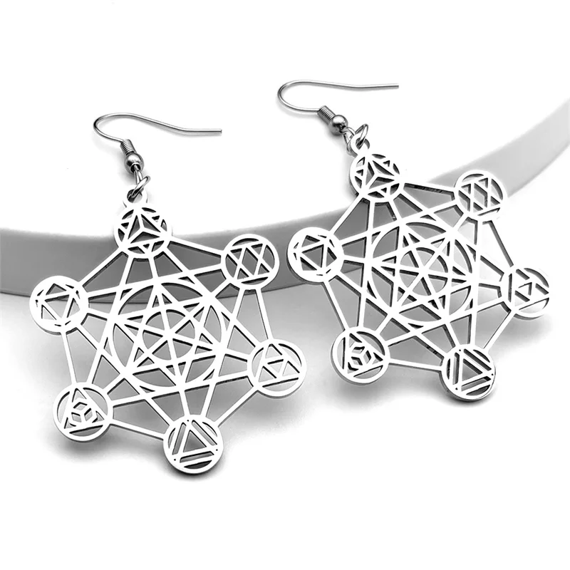 Vintage Large Archangel Metatron Cube  Geometry Flower of Life Earring for Women Men Stainless Steel Silver Color Lucky Jewelry image 3