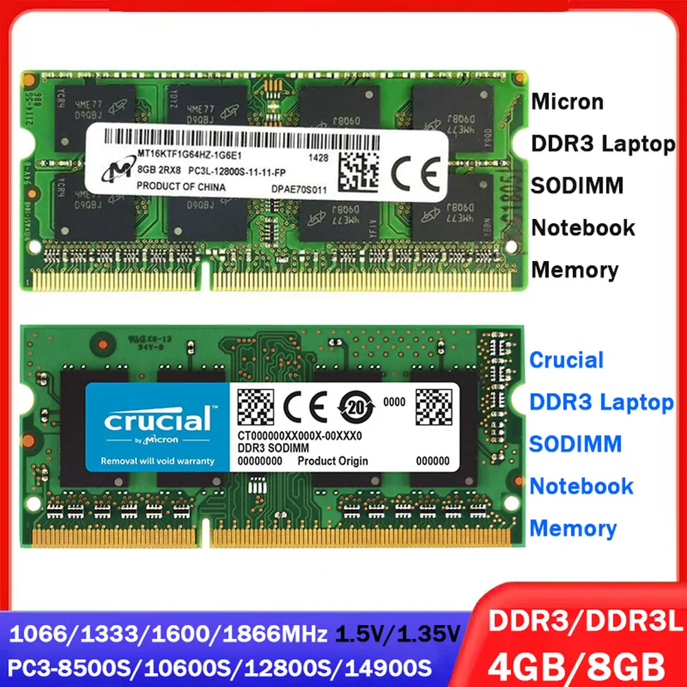 

Crucial Micron Memoria Laptop RAM DDR3 DDR3L 8GB 4GB 1066 1333 1600 1866MHz SODIMM Memory PC3L-12800S 14900 204Pin Notebook RAMs