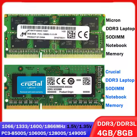 Crucial Micron Memoria Laptop RAM DDR3 DDR3L 8GB 4GB 1066 1333 1600 1866MHz SODIMM Memory PC3L-12800S 14900 204Pin Notebook RAMs