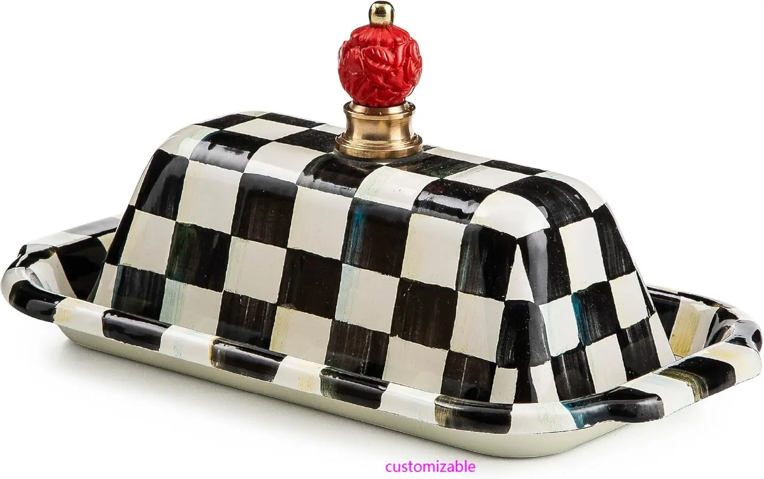 

Enamel Butter Box, Cute Lidded Enamel Butter Dish, Black-and-White Courtly Check