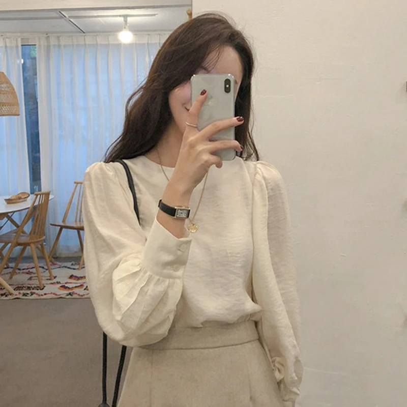 

Spring Autumn Pure Color round Ne Bubble Sve Loose Chiffon irt Women's Casual Ele Off-oulder Top