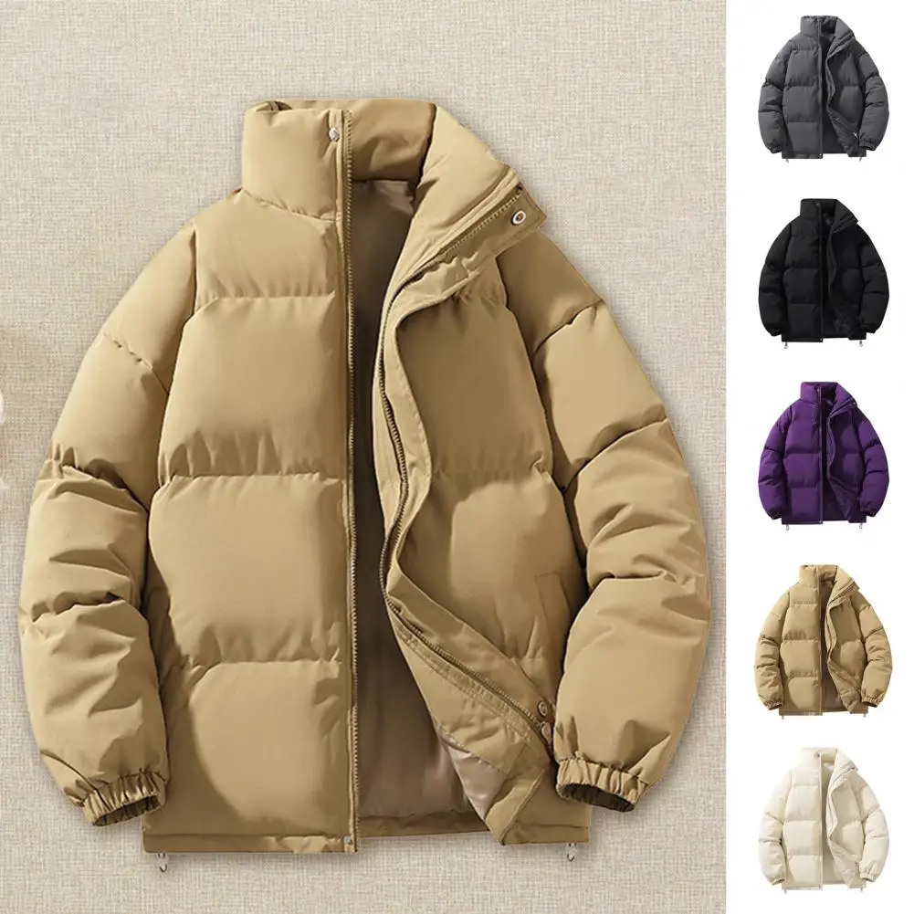 Men Cotton Coat Men's High Collar Cotton Coat with Zipper Closure Pockets Windproof Quilted Outwear for Autumn Elastic Hem Solid