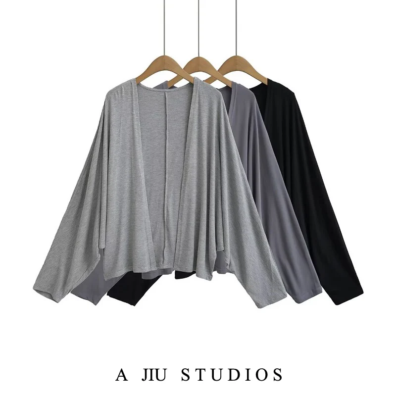 Street Style Loose Lantern Sleeve Women's Outerwear Spring Summer Shoulder Shawl Sun Protection Open Cardigan Coat Pure Color