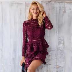 New Summer Hollow Out Star Crochet Lace Dress for Women Fashion Vintage Long Sleeve Boho Mini Dresses Female Clothing