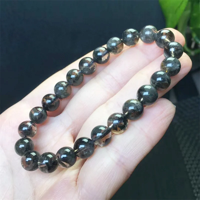 8MM Natural Black Auralite Bracelet For Women Men Bracelet  Energy Crystal Aura Healing Reiki Yoga Elastic Jewelry Gift