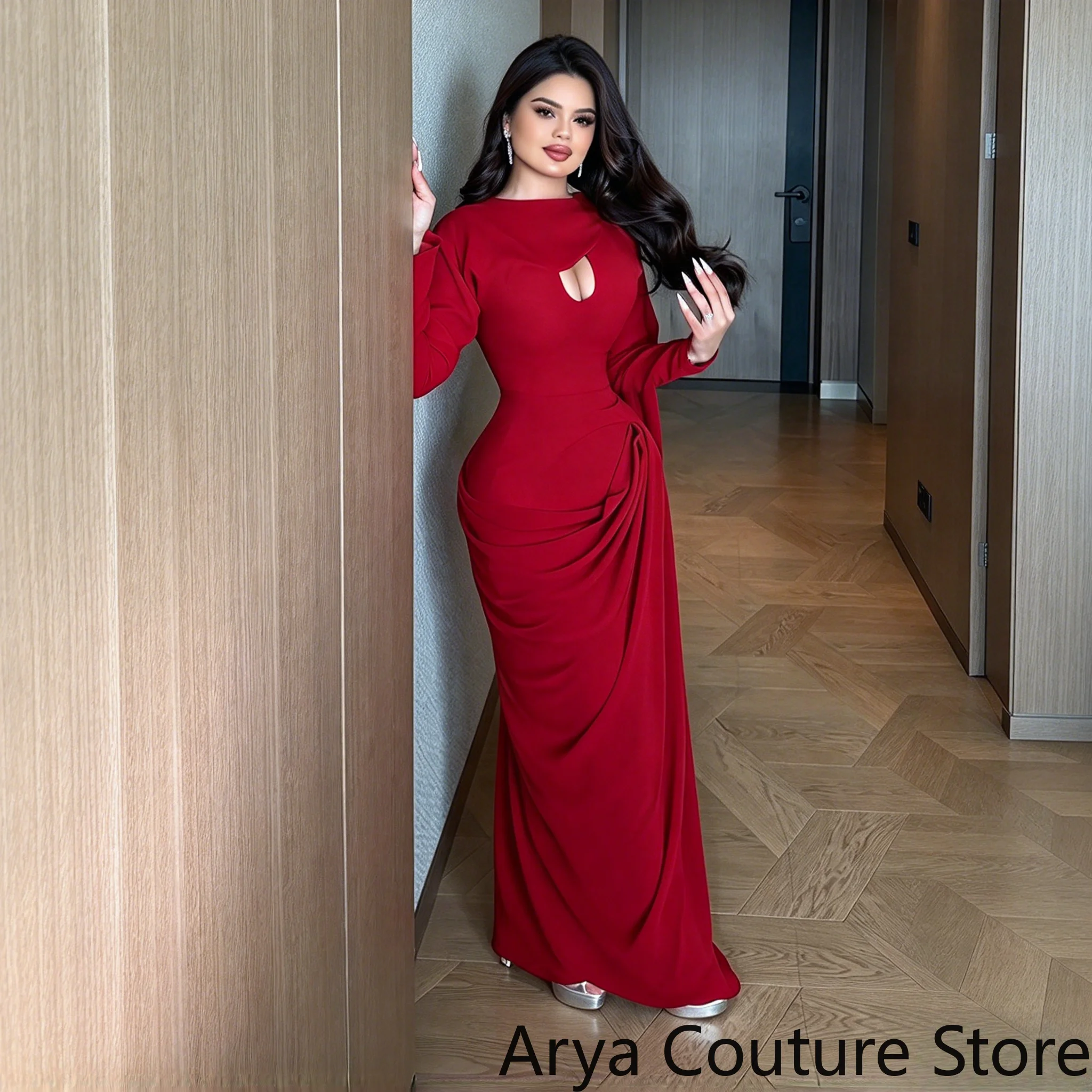 Customized Elegant Red Boat Neck Long Sleeve Evening Dress Front Chest Cutout Waist Twist Ruched Detail Slim Floor Length