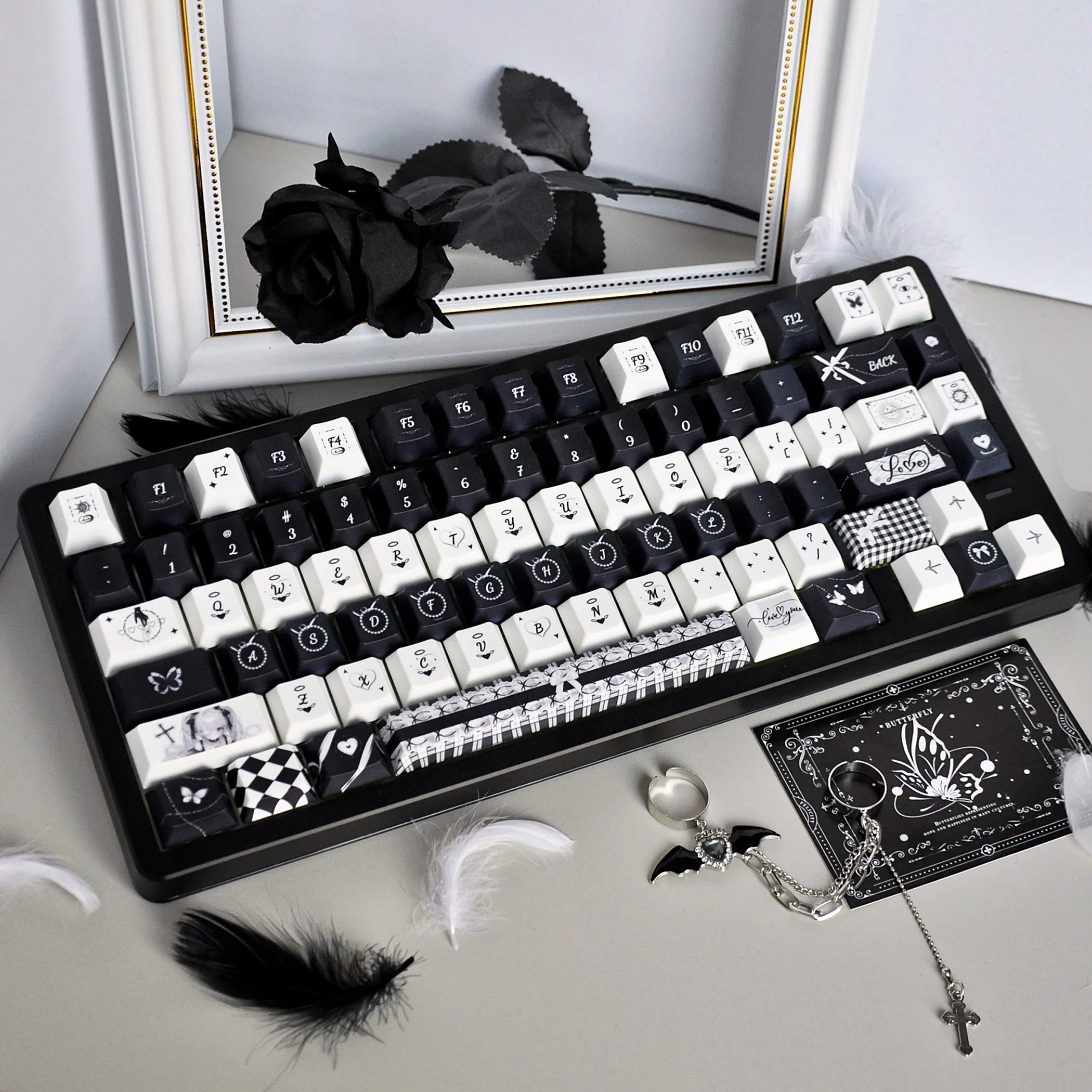 MAIMOOO Cute Lace Keycaps Cherry MOA Profile Black Nun White Night Dream Theme Custom PBT Gothic Keycap for Mechanical Keyboard
